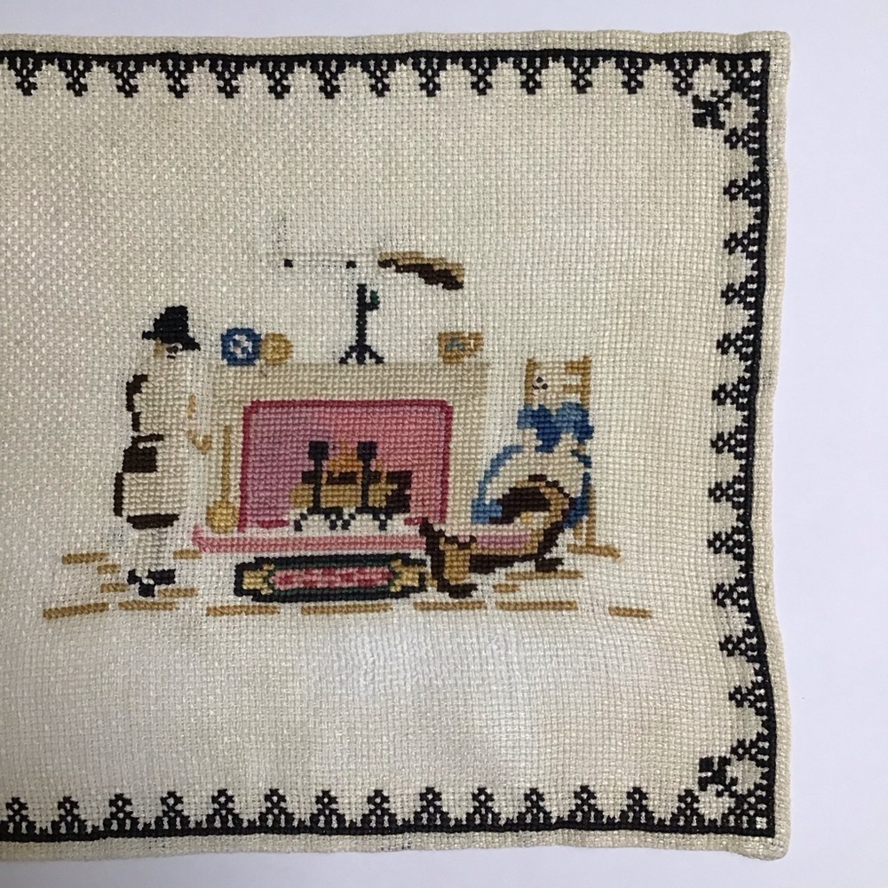 Americana Cross Stitch Sampler Colonial Pilgrim Doily Art Complete 11x12 Vintage - Picture 6 of 16